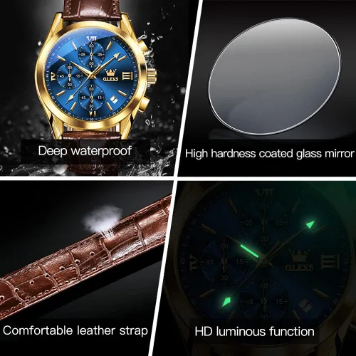 Miniatura 7 de OLEVS Reloj cronógrafo de cuarzo para hombre correa de cuero dorada con fecha de día reloj de pulsera de acero inoxidable impermeable relojes