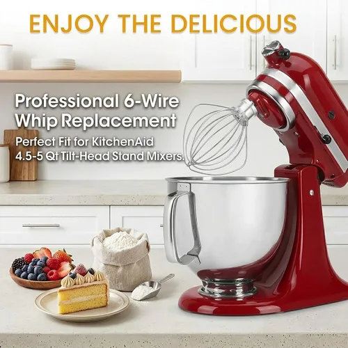 Miniatura 2 de Accesorio de batidor de 6 alambres compatible con batidora de pie KitchenAid de cabezal inclinable, reemplaza K45WW, acero inoxidable, batidor