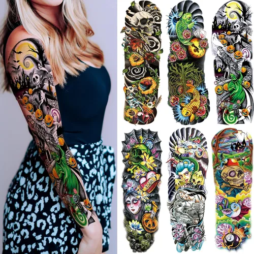 Miniatura 13 de Mangas temporales de tatuaje de bosque, brazo completo, lobo grande, león, animal, bosque, tribal, tatuajes falsos para hombres, mujeres y adultos