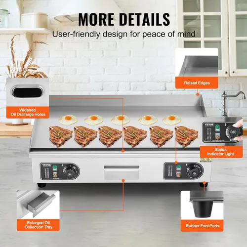 Miniatura 6 de VEVOR Plancha Eléctrica Comercial, Parrilla Plana de Encimera de 2800W, Temperatura Ajustable de 122℉-572℉, Parrilla de Acero Inoxidable de 29