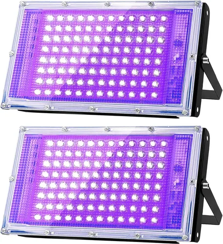 Glostars Luz LED negra UV de 100 W, potente foco UV, IP66, lámpara de 395 nm para Navidad, fiesta de Halloween (2 paquetes)