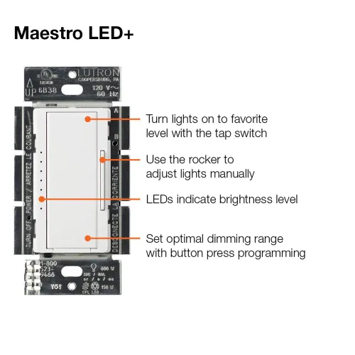 Miniatura 9 de Kit de interruptor regulador de intensidad Lutron Maestro LED+ para luces LED, halógenas e incandescentes regulables, 150W/3 vías o ubicaciones