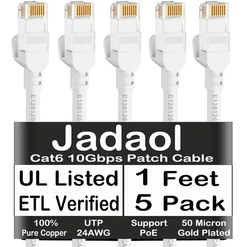 Miniatura 30 de Cable Ethernet Cat 6 de 1 pie (paquete de 6), para exteriores e interiores, compatible con red Cat7 de 10 Gbps, cable de conexión LAN plano