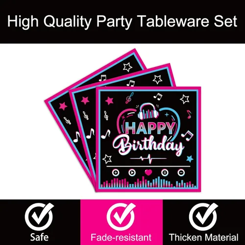 Miniatura 3 de 96 piezas de suministros para fiesta musical con vajilla para niñas, juego de decoración temática musical para fiesta de cumpleaños, platos