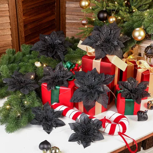 Miniatura 7 de Alupssuc 24 PCS Flores de Pascua Navideñas Negras Artificiales con Purpurina, Decoraciones Navideñas para Árbol, Corona, Chimenea, Flores de Pascua