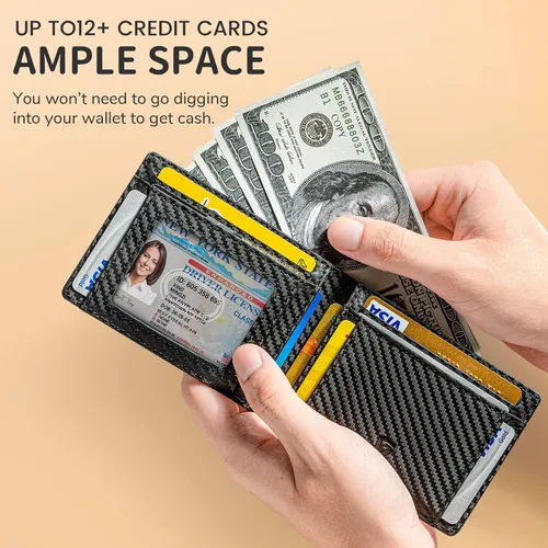 Miniatura 4 de GSOIAX Billetera delgada para hombre con bloqueo RFID, carteras plegables para hombre, minimalista, cuero auténtico, fibra de carbono, clip