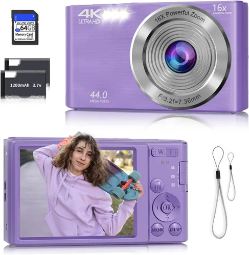 Cámara digital, cámara de enfoque automático 4K para fotografía con tarjeta de 64GB, cámara digital compacta portátil de 44MP para adolescentes,