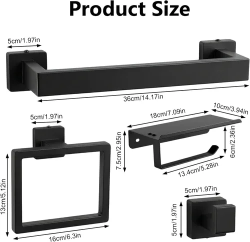 Miniatura 3 de Tudoccy Juego de 5 piezas de accesorios de baño de acero inoxidable SUS304 redondo montado en la pared, incluye barra de toalla de mano de 16 Negro