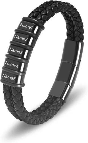 Miniatura 14 de Pulsera personalizada para hombre con cuentas de nombre personalizadas, pulsera de cuero trenzado personalizada grabada con 2-6 nombres