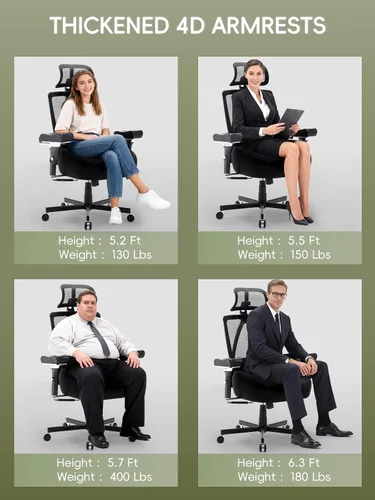 Miniatura 8 de Silla de oficina grande y alta de 550 libras, silla de escritorio ergonómica con cojín grueso en W y reposabrazos 4D, silla de escritorio de malla