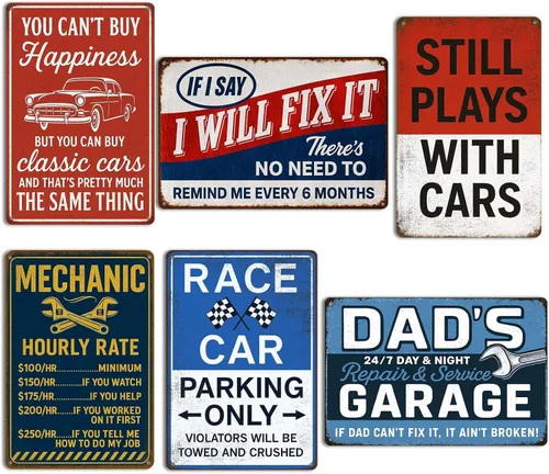 Paquete de 6 carteles de metal vintage para garaje, 8 x 12 pulgadas, accesorios retro de decoración de pared para hombre, carteles, carteles,