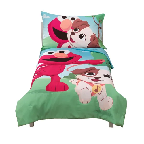Miniatura 9 de Sesame Street Furry Friends - Juego de ropa de cama infantil de 4 piezas con diseño de elmo y cachorro azul, verde y rojo – edredón, sábana bajera