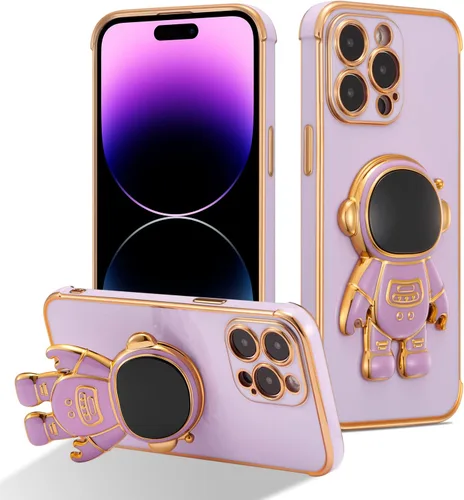 Miniatura 16 de RALEAVO Funda para iPhone 13, bonita funda de astronauta 6D con función de soporte, cubierta de enchapado de lujo, ajuste delgado, TPU suave, Púrpura