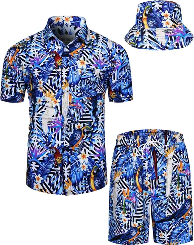 Miniatura 71 de TUNEVUSE Conjunto de camisas y pantalones cortos hawaianos para hombre, 2 piezas, trajes de playa con estampado de flores, traje tropical de verano