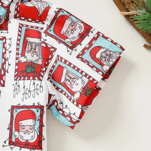 Miniatura 5 de JEELLIGULAR Conjunto de pantalones cortos y camisa con botones y estampado de Papá Noel para niños pequeños