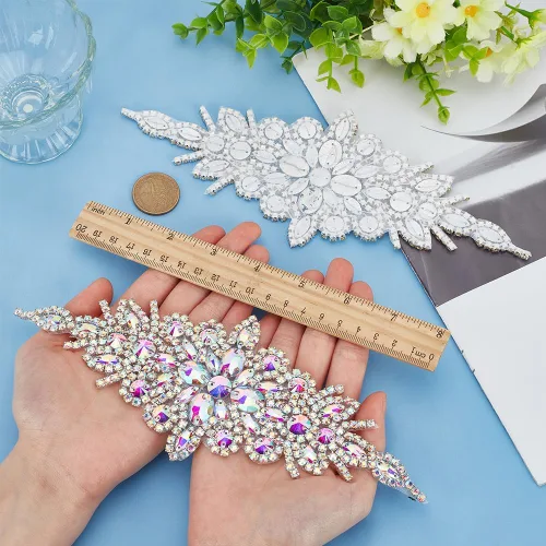 Miniatura 3 de FINGERINSPIRE 2 parches de diamantes de imitación (plata, 24.1x9.4 cm) Parches termoadhesivos con cristales de fantasía color AB brillantes