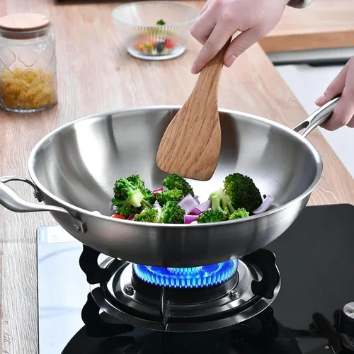 Miniatura 7 de LOLYKITCH Sartén Wok de Acero Inoxidable de Tres Capas de 14.5 Pulgadas, Sartén para Saltear, Sartén de Cocina de Chef por Inducción, Apta