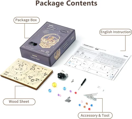 Miniatura 7 de ROKR Juego de rompecabezas de madera 3D para adultos, globo luminoso, caja de música Orrey y caja de música para violonchelo, regalo único