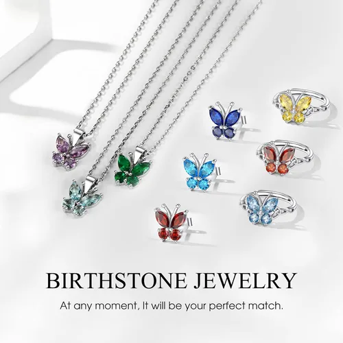 Miniatura 2 de Bestyle Anillo de collar de mariposa con piedra natal plateada para mujeres, delicado y lindo regalo de joyería de mariposa para mujeres