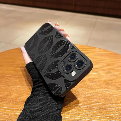 Miniatura 3 de LAPOPNUT Funda negra para iPhone 13 Pro Max, Funda de silicona suave con diseño de patrón de labios lindo para mujeres y niñas, Funda protectora a