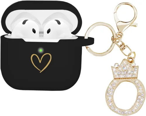 Miniatura 11 de Compatible con AirPods 4 Cover 2024, funda de silicona suave con patrón de corazón dorado para 4ª generación, llavero de letra A-Z con diamantes