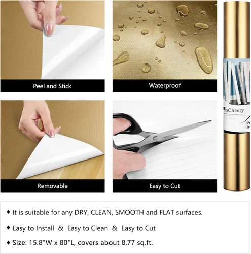 Miniatura 5 de LACHEERY Papel tapiz dorado marrón brillante para despegar y pegar, papel tapiz metálico de bronce, papel adhesivo moderno de metal brillante