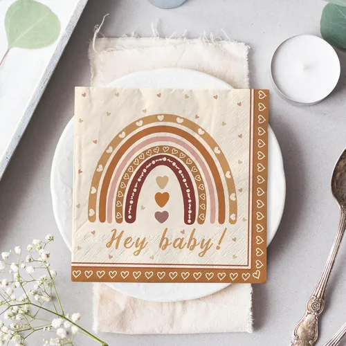 Miniatura 6 de AnyDesign Paquete de 80 servilletas de papel boho arcoíris Hey Baby Party Luncheon Servilletas retro desechables decorativas para baby shower