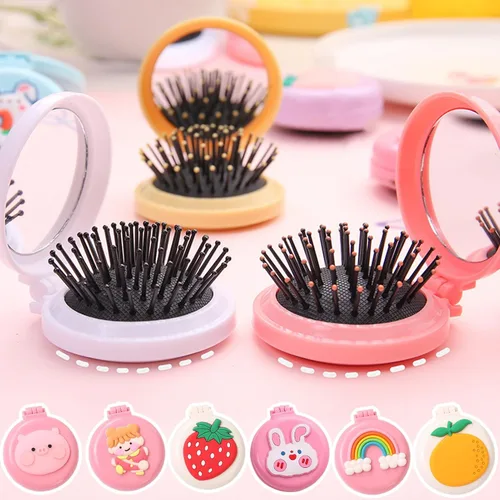 Miniatura 2 de Cepillo de pelo de viaje, peine de bolsillo con mini espejo, cepillos de pelo plegables compactos, redondos, mini peine de masaje compacto