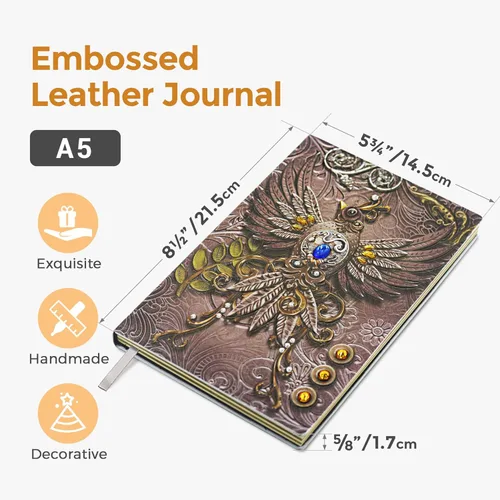 Miniatura 4 de Phoenix Cuaderno de cuero – Diario de viaje vintage Phoenix hecho a mano en 3D con papel rayado, cuaderno de bocetos de cuero fresco, diario