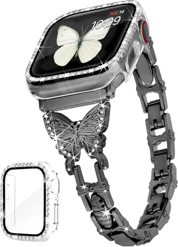 Correa de mariposa compatible con Apple Watch Band de 1.575 pulgadas con funda para iWatch Series 6, SE, 5, 4, bonitas correas de joyería de metal