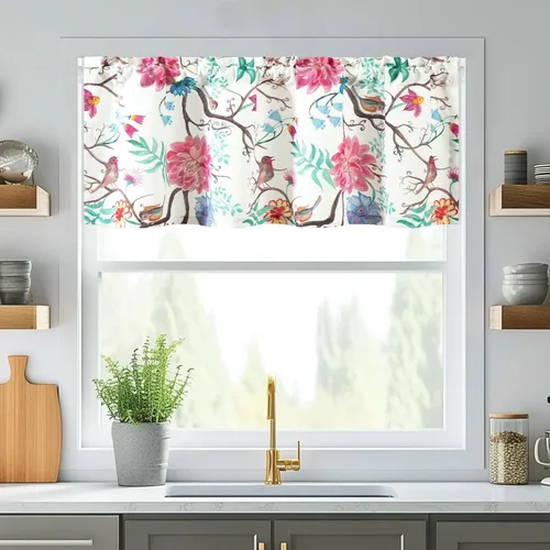 Miniatura 41 de VOGOL Cenefa de pájaro y bayas, decoración clásica de ventana de campo americano con estampado botánico, cortina de bolsillo para barra fácil