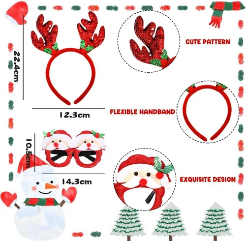 Miniatura 2 de BOLZRA Diademas de Navidad para fiestas, marcos de gafas con renos y árbol de Navidad, diseños de purpurina para disfraces de vacaciones, cabina