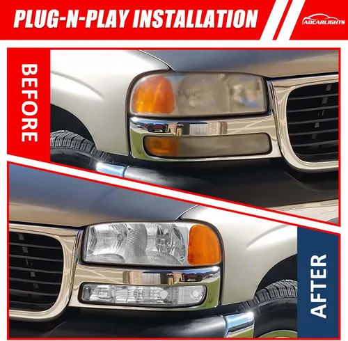 Miniatura 6 de Par de montaje de faros delanteros para GMC Sierra 1999-2006 1500 2500 3500 2000-2006 Yukon lente transparente cromado carcasa ámbar reflector