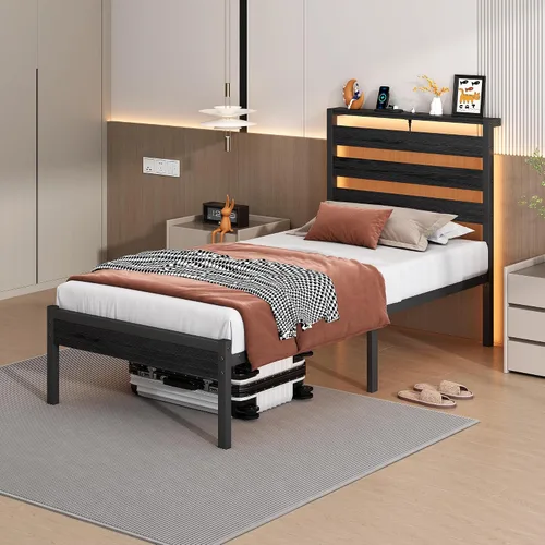 Miniatura 6 de CLIBFENG Base de cama tamaño individual con estación de carga USB, marco de cama LED con cabecera de almacenamiento de madera, cama de plataforma