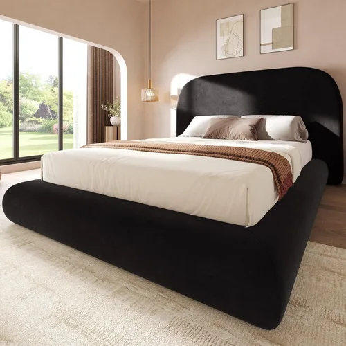 YITAHOME Base de cama tamaño Queen, plataforma tapizada de terciopelo con cabecero, cama de nube suave con estribo, esquinas redondeadas, fácil Negro