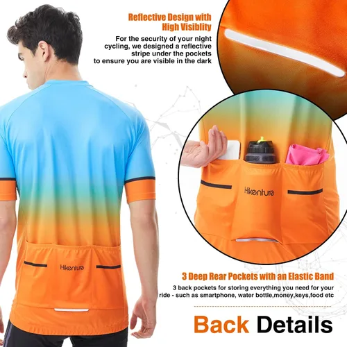 Miniatura 4 de Hikenture Camiseta de ciclismo para hombre, de secado rápido, manga corta, con 3 bolsillos traseros