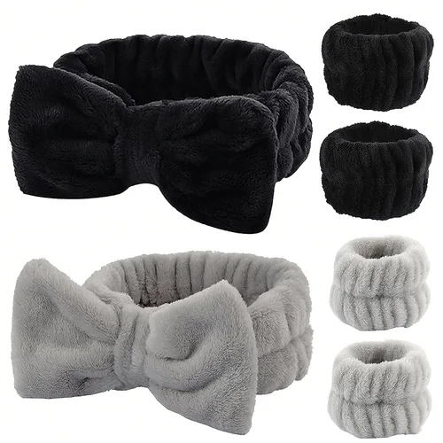 Diadema para lavar la cara, spa, pulseras de secado rápido, absorbente, para mujer, 6 unidades (negro y gris)