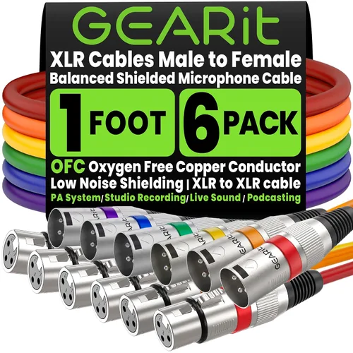 GEARit XLR Cables de 1 pie 6 unidades de varios colores, cable de micrófono XLR macho a hembra, cable de micrófono blindado equilibrado con