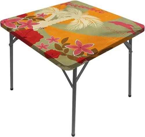Mantel cuadrado hawaiano, estampado vintage, coloridos delfines en remolino, palma, elástico, se adapta a mesas de 24 x 24 pulgadas, para