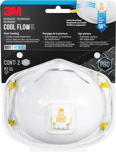 3M Respirador N95 9511, válvula de flujo frío, paquete de 2, aprobado por NIOSH, medios filtrantes avanzados para una fácil respiración, cómodo para