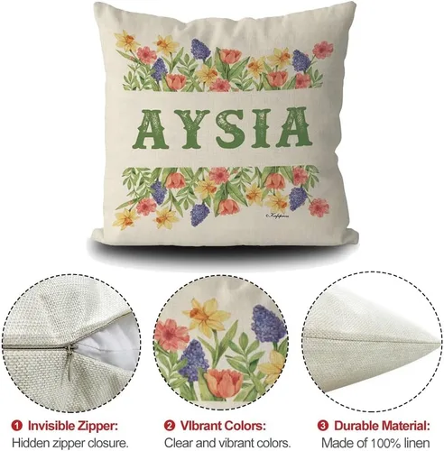 Miniatura 7 de Custom Gifts Bloom Flowers Green Leaves Personalized Floral Pillowcase with Name, 16x16 Inch Double Sided, Spring Summer Flower Pillow Cover Gifts