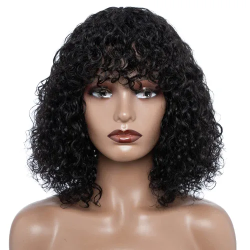 Miniatura 4 de JOEDIR HAIR Peluca corta y rizada con flequillo, peluca de cabello humano virgen brasileño de 12 pulgadas para mujeres negras, peluca Jerry Curl