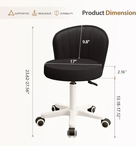 Miniatura 3 de Silla de escritorio redonda pequeña rodante sin brazos, silla de computadora cómoda con respaldo bajo de cuero PU, silla de trabajo ajustable