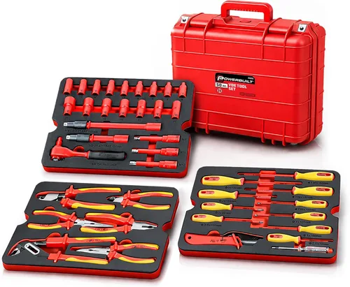 Powerbuilt Juego de herramientas VDE para electricistas aislados de 50 piezas de 1000 V con estuche impermeable, 3/8 pulgadas Dr. Ratchet, 16 piezas