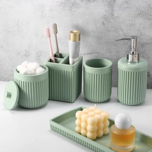 Miniatura 22 de XLHOMO Juego de accesorios de baño de resina beige de 5 piezas, dispensador de jabón y loción, soporte para cepillo de dientes, vaso de baño, porta