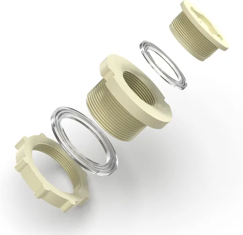 Miniatura 2 de TAISHER 2 piezas Adaptador Conector de Tanque de Mamparo de 1-1/2" en ABS blanco con tapones y junta para tanque de agua, barriles de lluvia