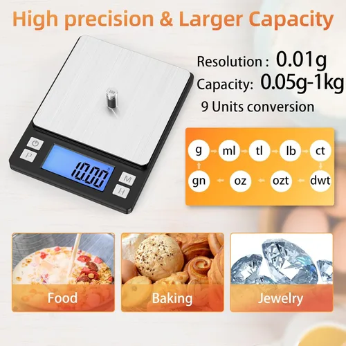 Miniatura 2 de BOMATA Báscula digital pequeña de 0.00 oz, recargable por USB, báscula de joyería mejorada de 2.2 lbs con función de visualización y retención más