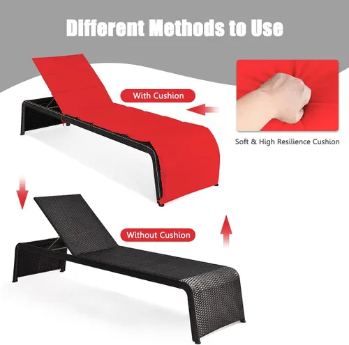 Miniatura 4 de DORTALA Tumbona para exteriores, silla reclinable de ratán ajustable de 5 posiciones con asiento acolchado y pies ajustables, muebles de sofá Rojo