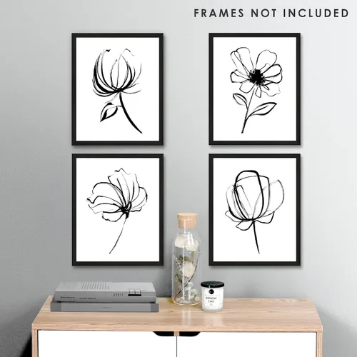 Miniatura 7 de Arte de pared de flores blancas y negras sin marco, 8 x 10 pulgadas, póster floral de dibujo simple para dormitorio, decoración de oficina en casa
