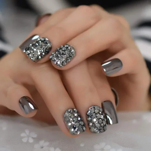 Miniatura 12 de Coolnail - Puntas de uñas postizas de acrílico rosa metálico sexy, strass rosa claro, espejo decorativo brillante, uñas artificiales cortas L5538